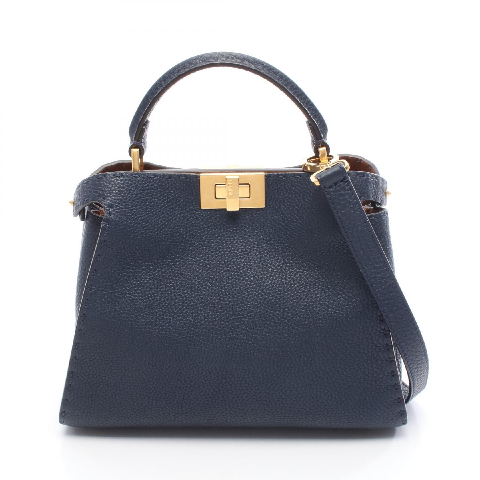 Fendi Peekaboo Essentially Handbag Navy Blue Leather